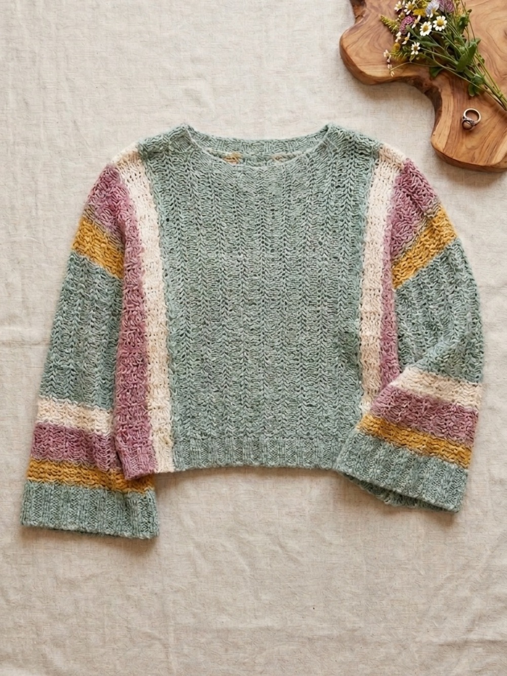 By Together Boho Open Knit Sweater Sage Green Striped Wide Neck Bell Sleeve M